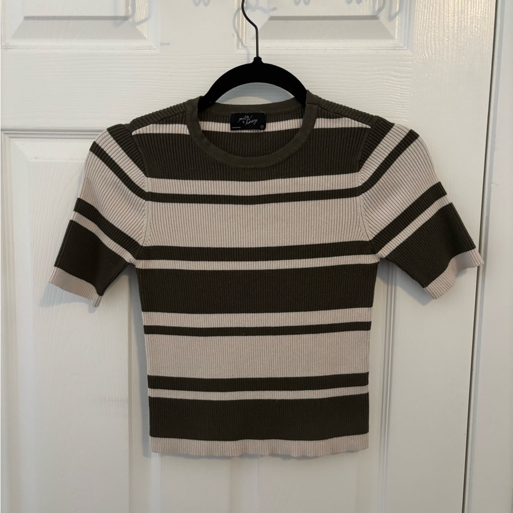 Striped Olive and Cream Ribbed Blouse